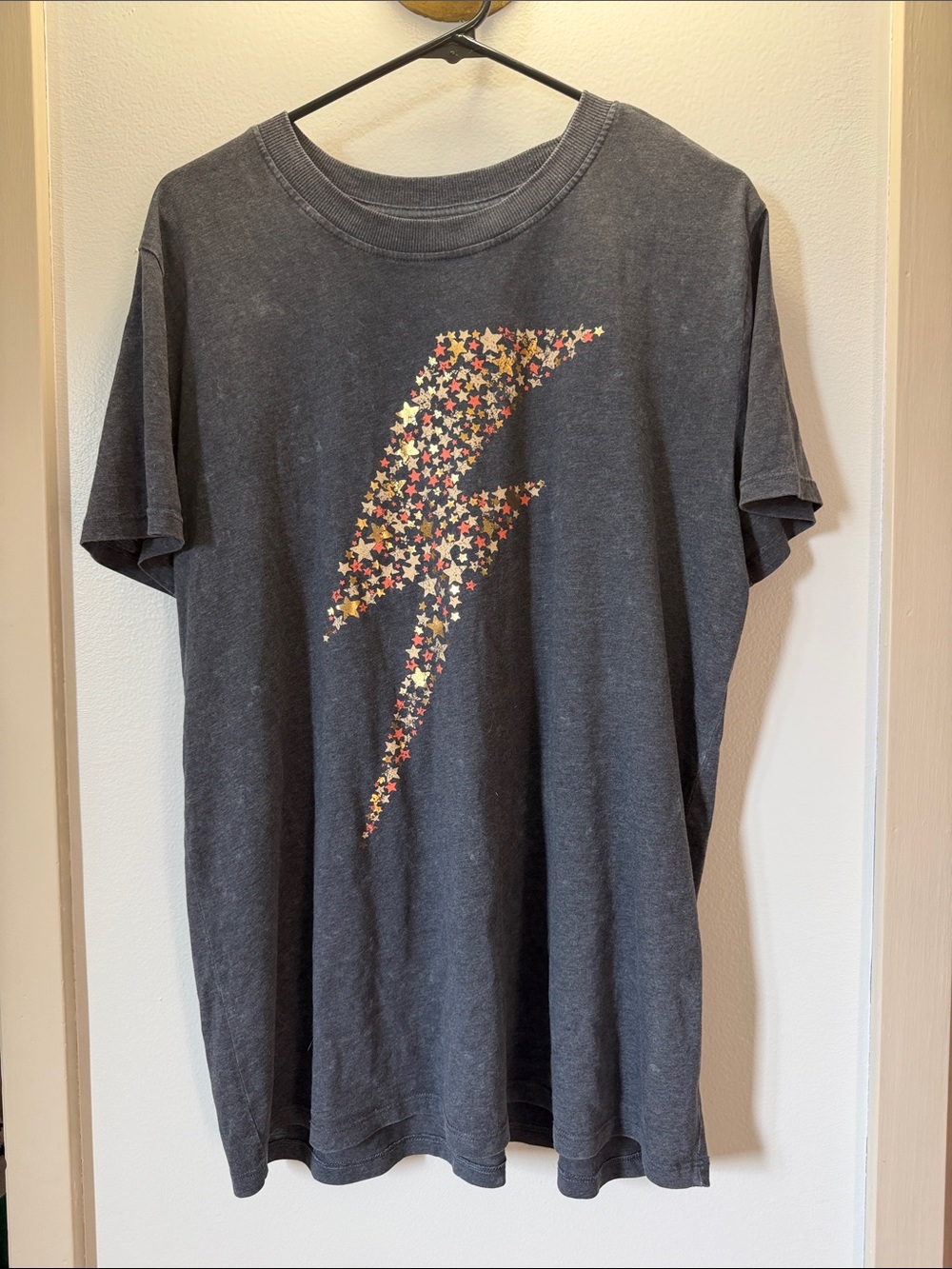 Maurices Charcoal Star Lightning Tee with Gold and Red Accents